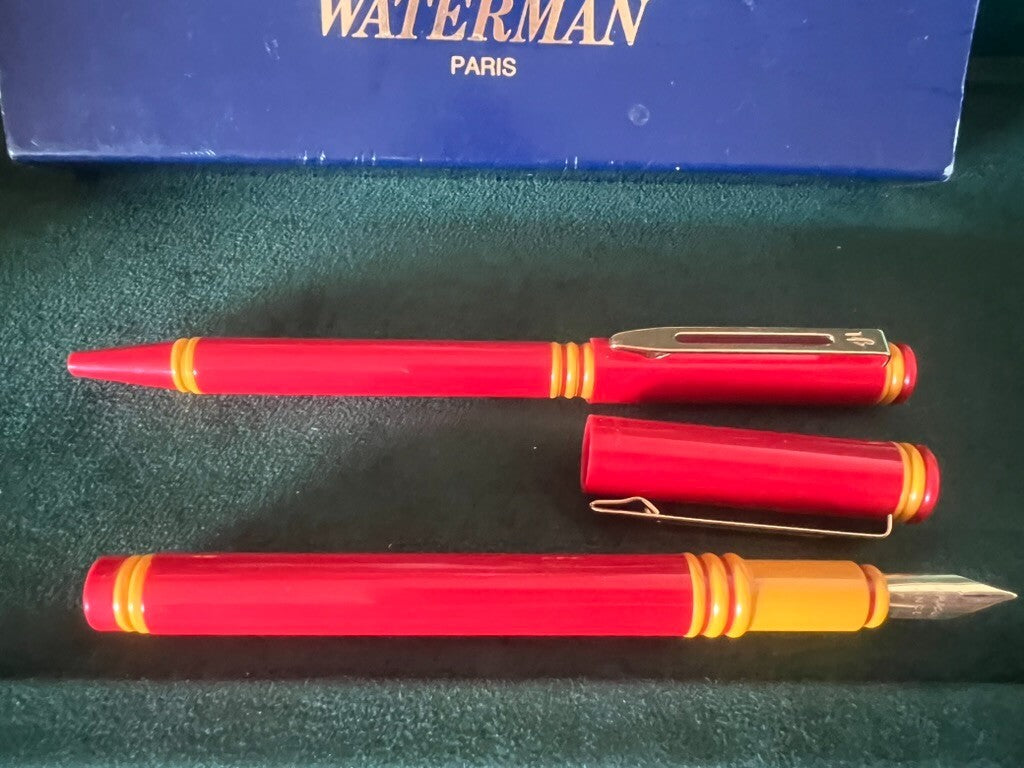 🔴 WATERMAN penna stilografica E sfera ROSSE F cofanetto vintage 2 PENNE