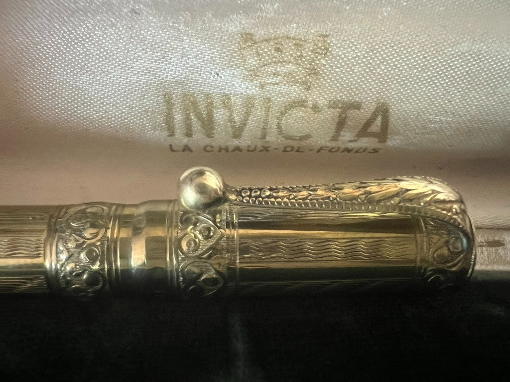 Invicta Fountain Pen Retractable Chiseled Plated Gold Pen 14k Vintage Style