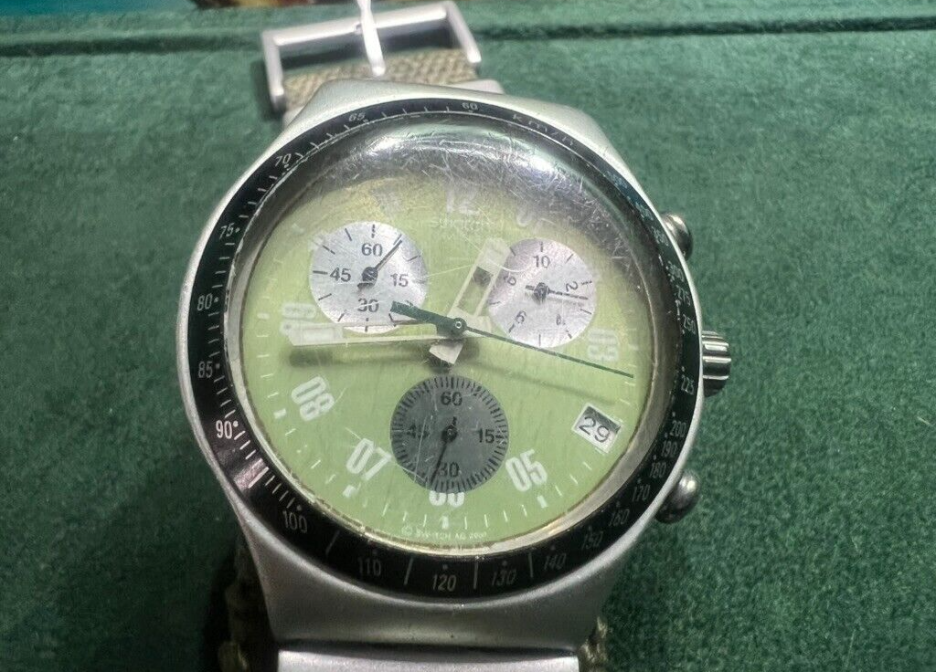🔴 SWATCH orologio polso chrono CORAGGIOSO verde militare cinturino tessuto