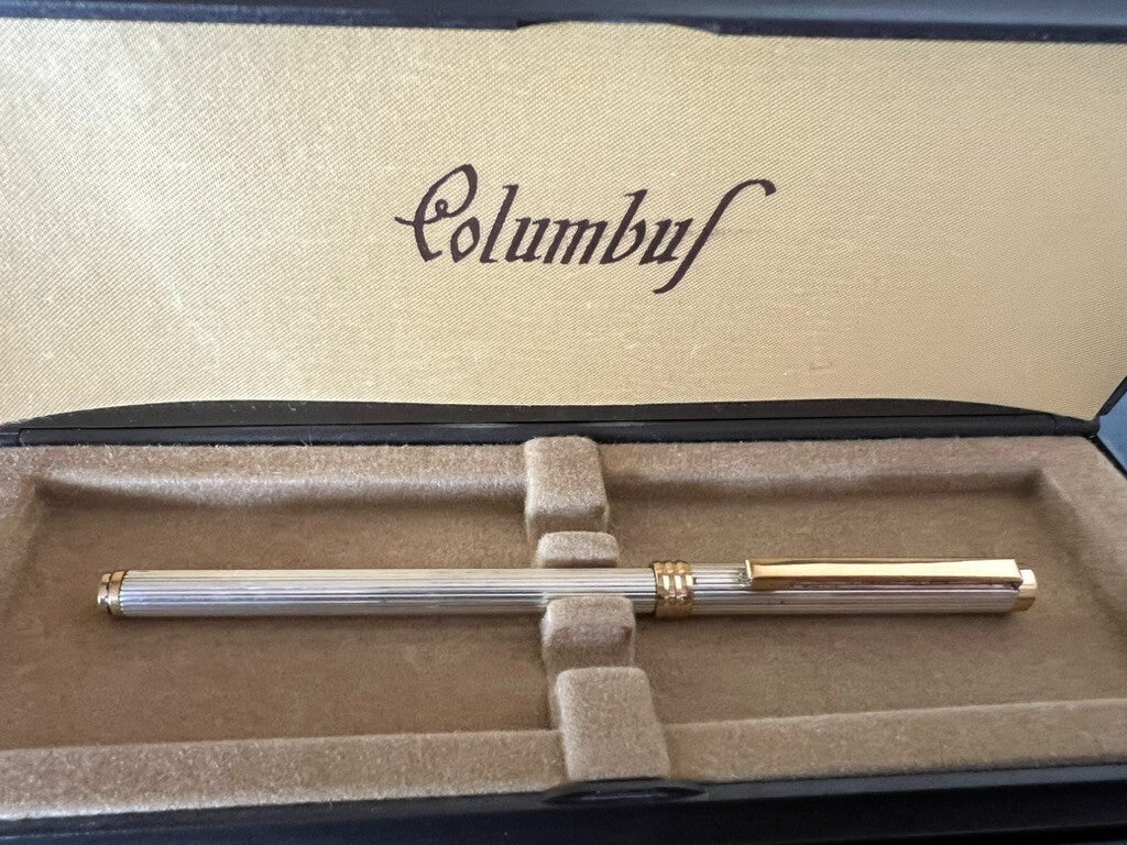 Columbus Stylo-Plume Sphère Argent Massif 925 Rayé À Bas Relief Vintage 1970
