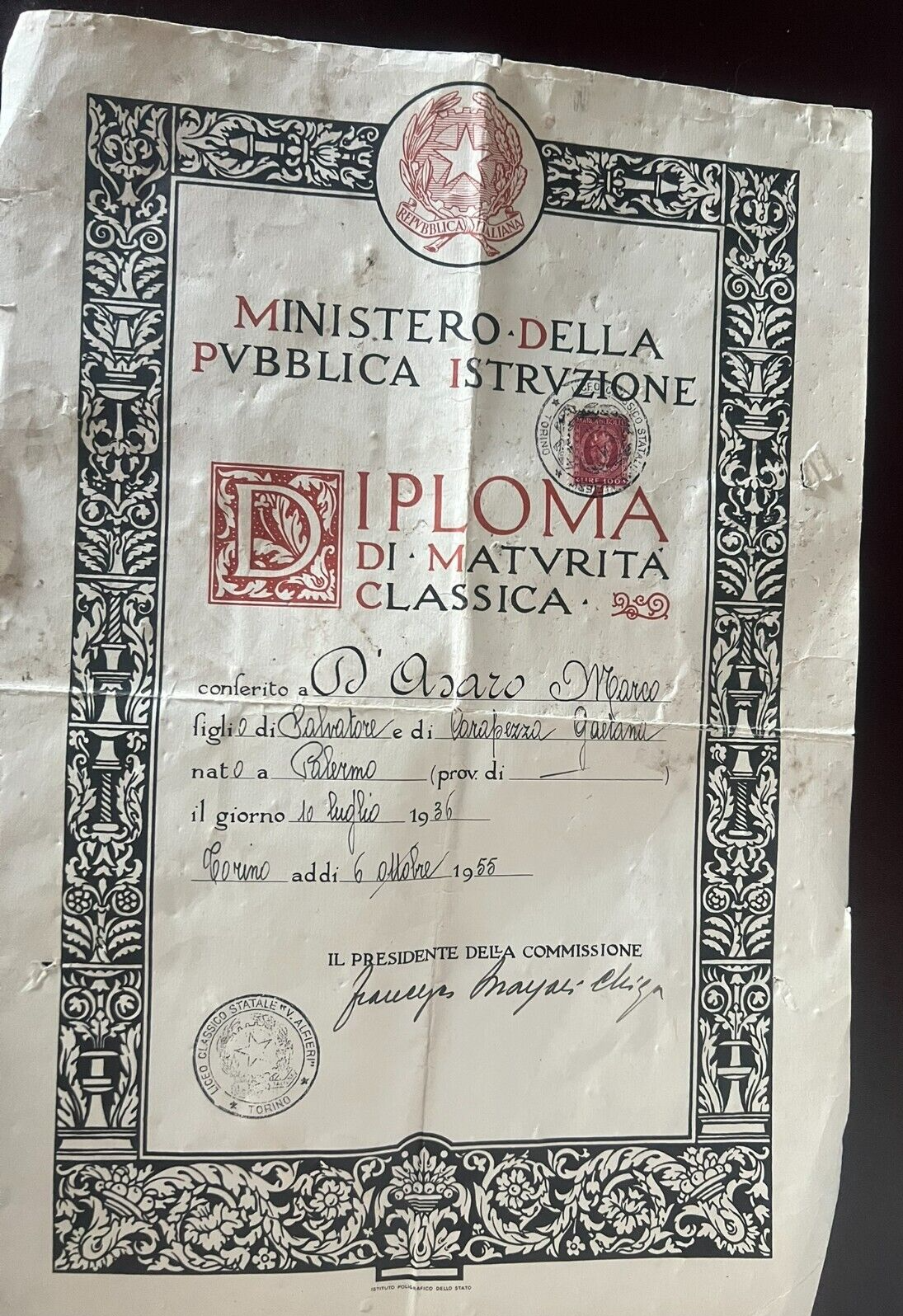 🔴 DIPLOMA maturità classica ITALIANO con francobollo timbri voti 6 OTTOBRE 1955