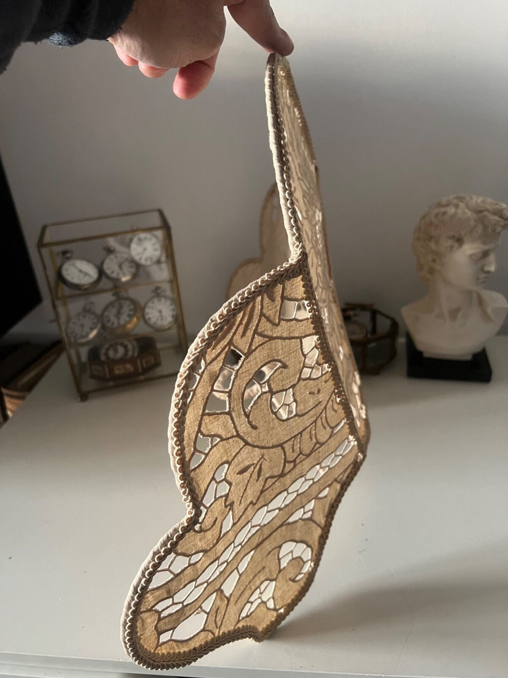 🔴 Paralume grande IN PIZZO lampada, lume traforato beige a ventaglio, vintage