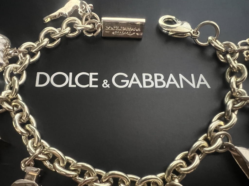 🔴 DOLCE & GABBANA bracciale charm gioiello acciaio dorato con pendenti iconici