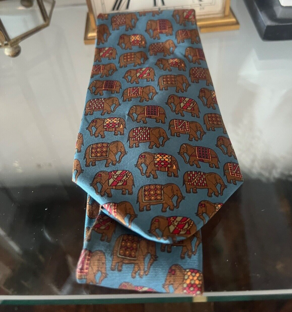 🔴 FENDI cravatta uomo SETA AZZURRA con ELEFANTI classica italiana busta