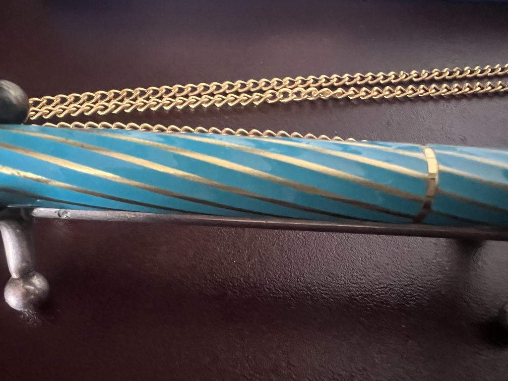 🔴 Penna stilografica collana laccata azzurro spirale dorata con pietra vintage