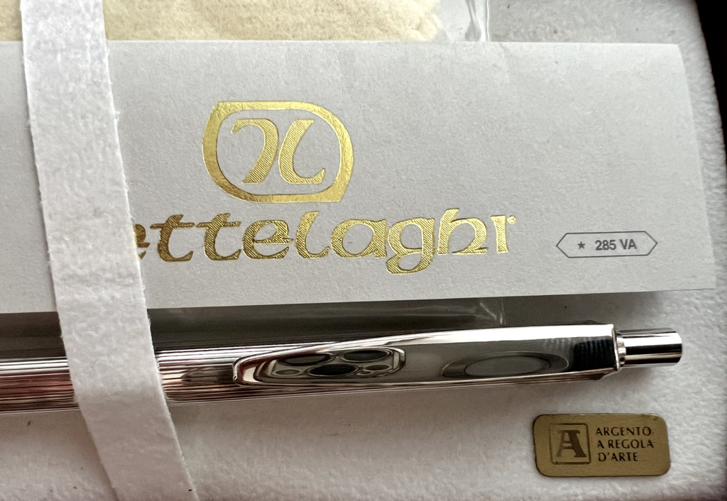 🔴 SETTELAGHI penna sfera ARGENTO 925 massiccio pulsante corpo righe scrive 6