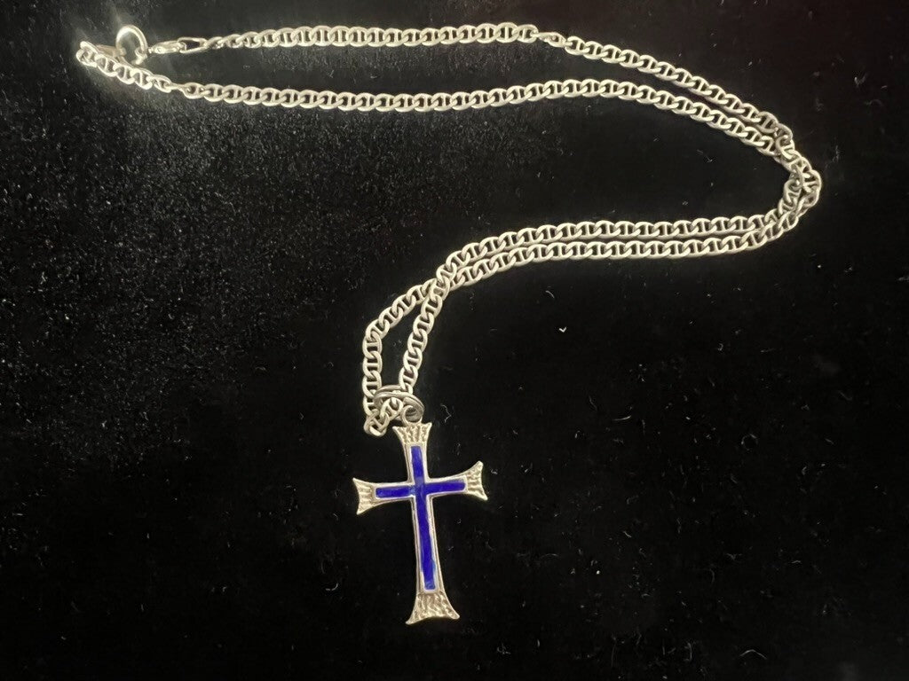 Collier ARGENT 925 Croix Avec Émaillons Bleus Longueur 50 Centimètres