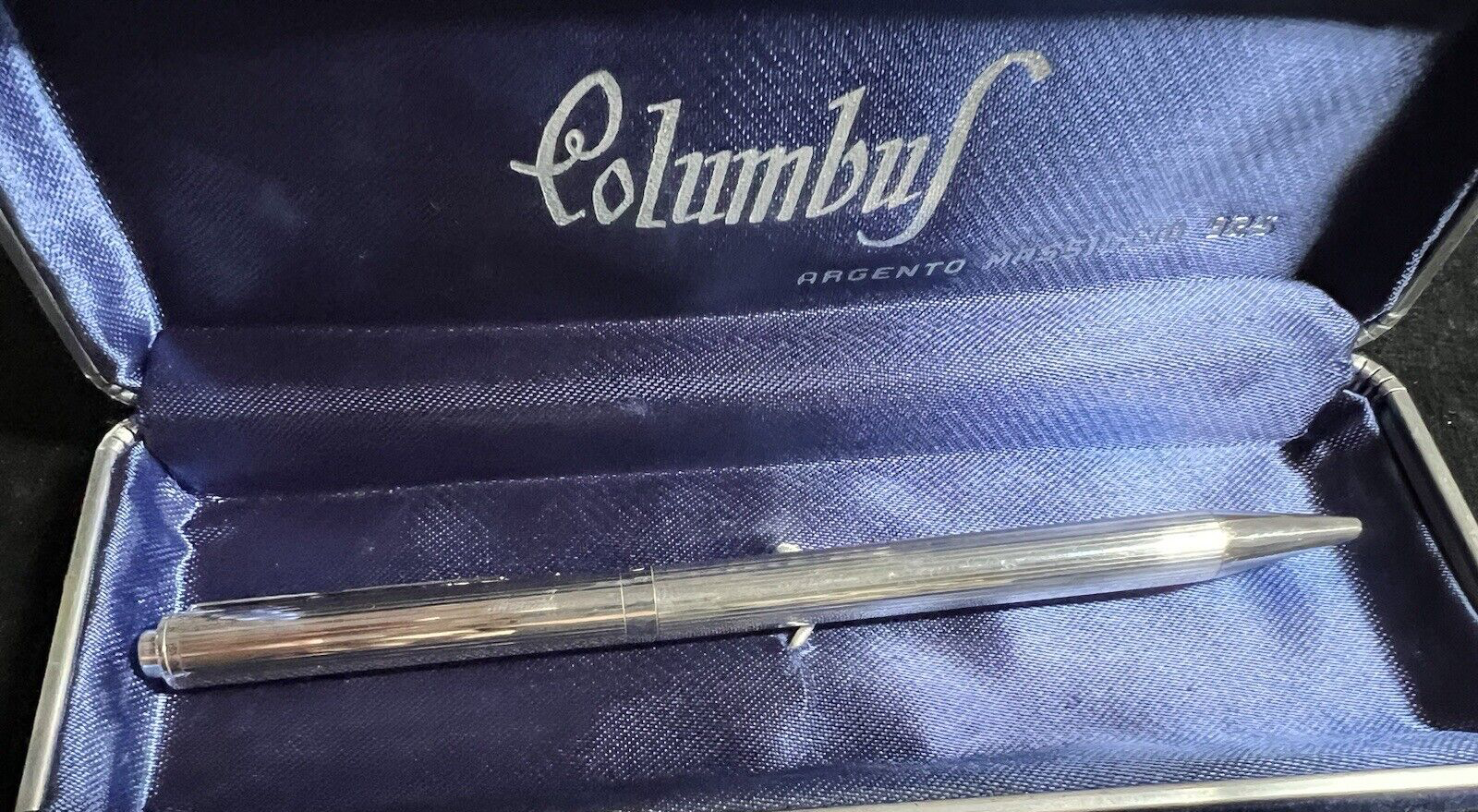 🔴 COLUMBUS penna sfera ARGENTO MASSICCIO 925 scatto righe bassorilievo VINTAGE
