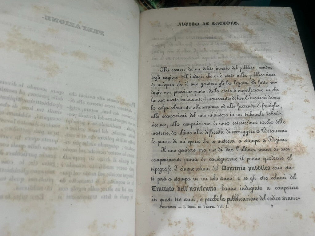 Livres Traité Del Domaine De Propriété'Proudhon Italien Anciens 1844