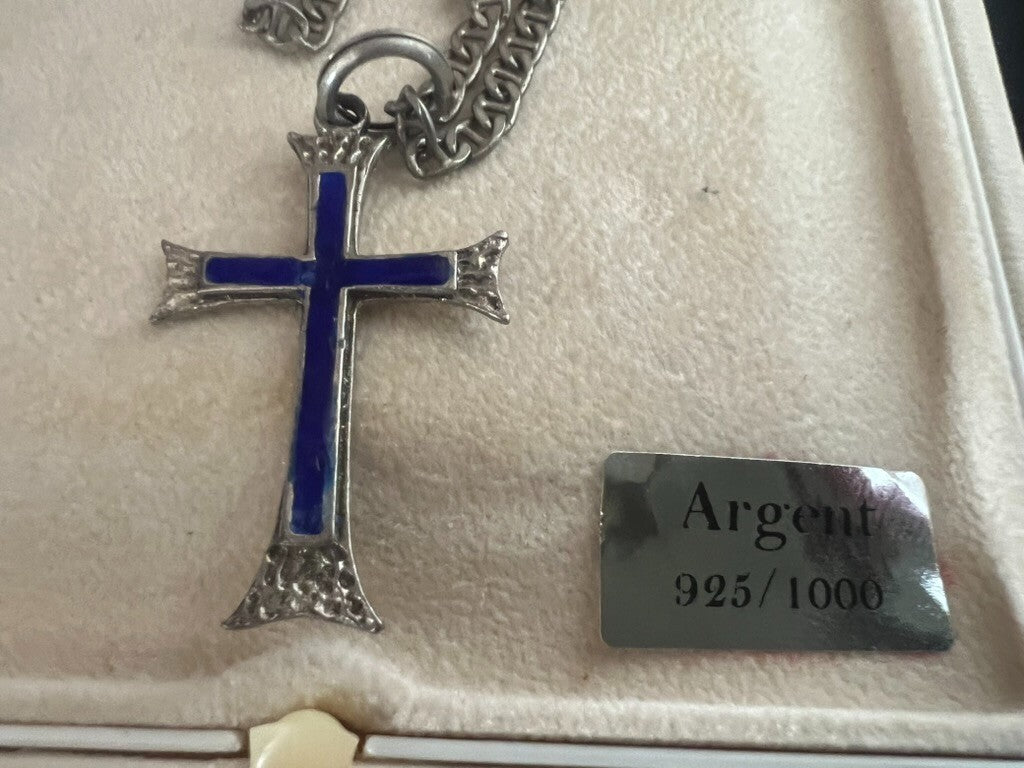 🔴 Collana ARGENTO 925 croce con smalti blu Lunghezza 50 centimetri