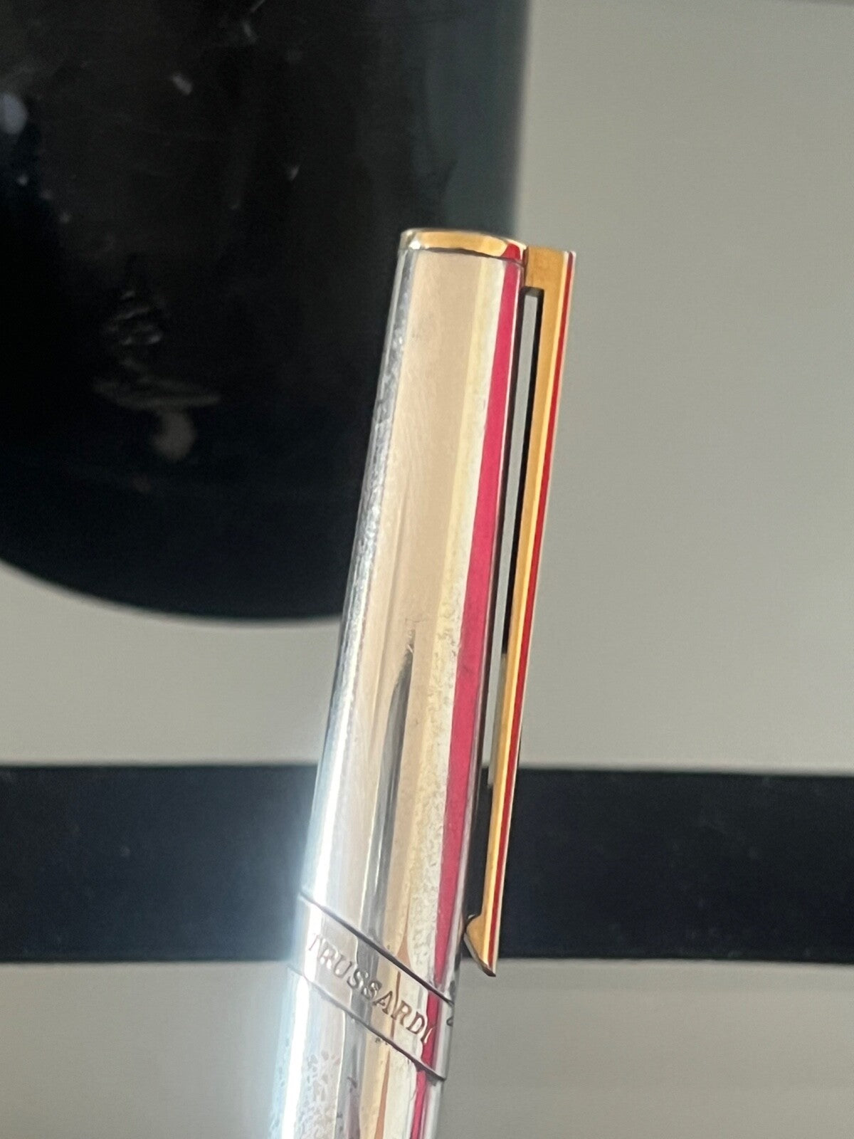 🔴 TRUSSARDI penna sfera cromata profili dorati scrive porta occhiali VINTAGE