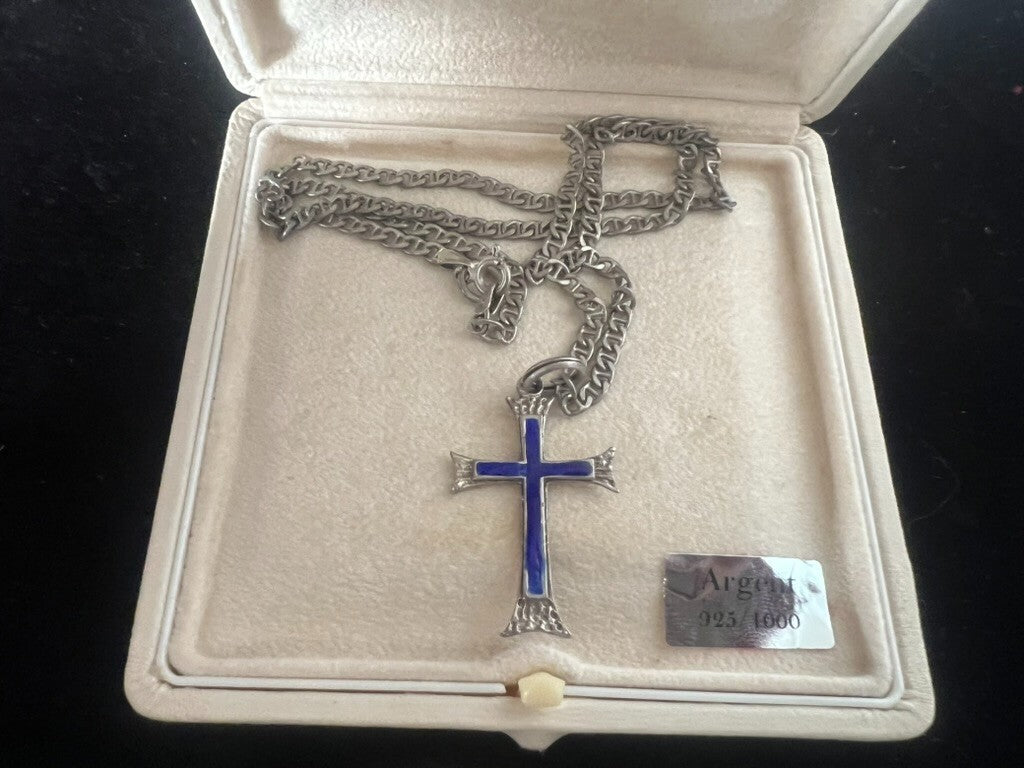 🔴 Collana ARGENTO 925 croce con smalti blu Lunghezza 50 centimetri