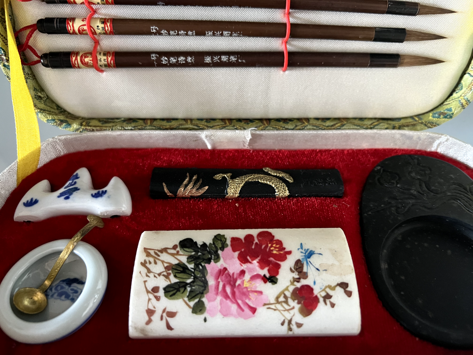 Set Calligraphie Chinois Pinceaux Porte- Encre Complet Boîte Vintage