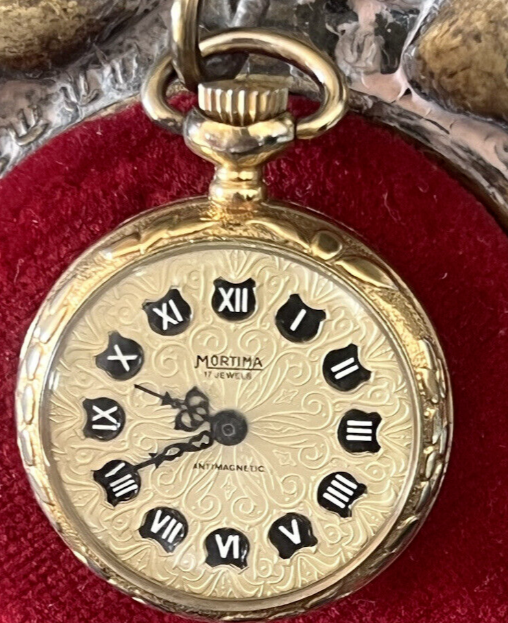 🔴 MORTIMA orologio tasca donna carica manuale cesellato dorato funziona vintage