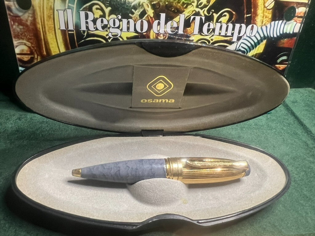 🔴 OSAMA Mini-Kugelschreiber für den Kalender, grau-goldener Lack, schreibt im Vintage-Stil 