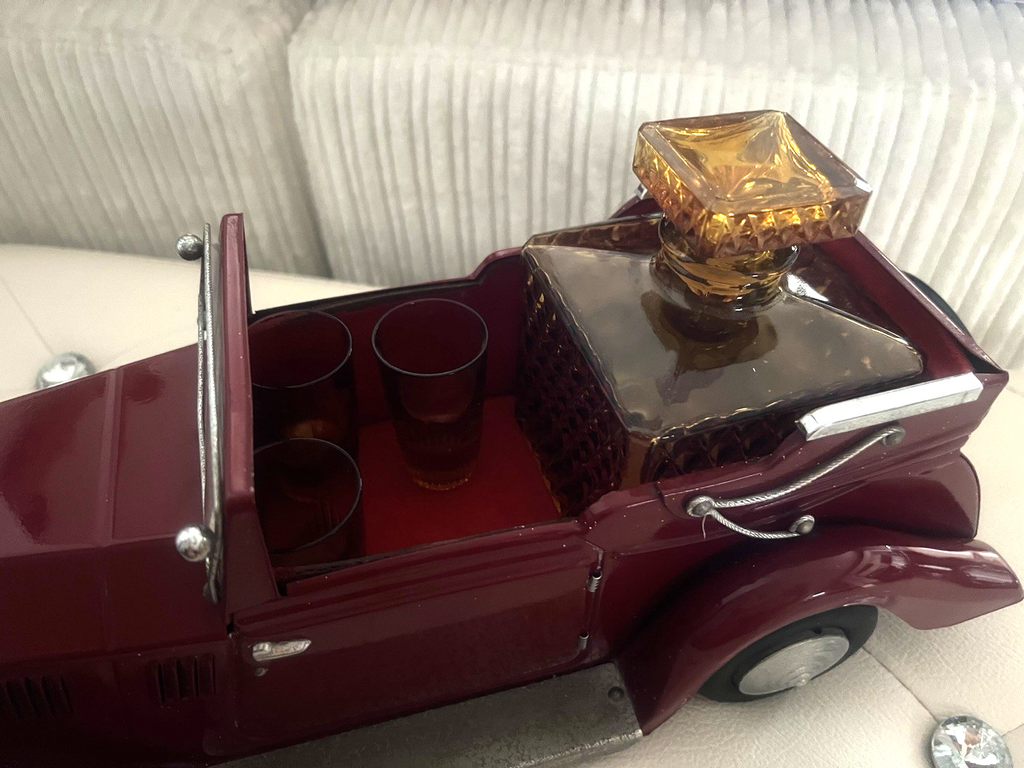 🔴 ROLLS ROYCE auto Set Bar VIP rosso decanter bicchieri cristallo vintage '60