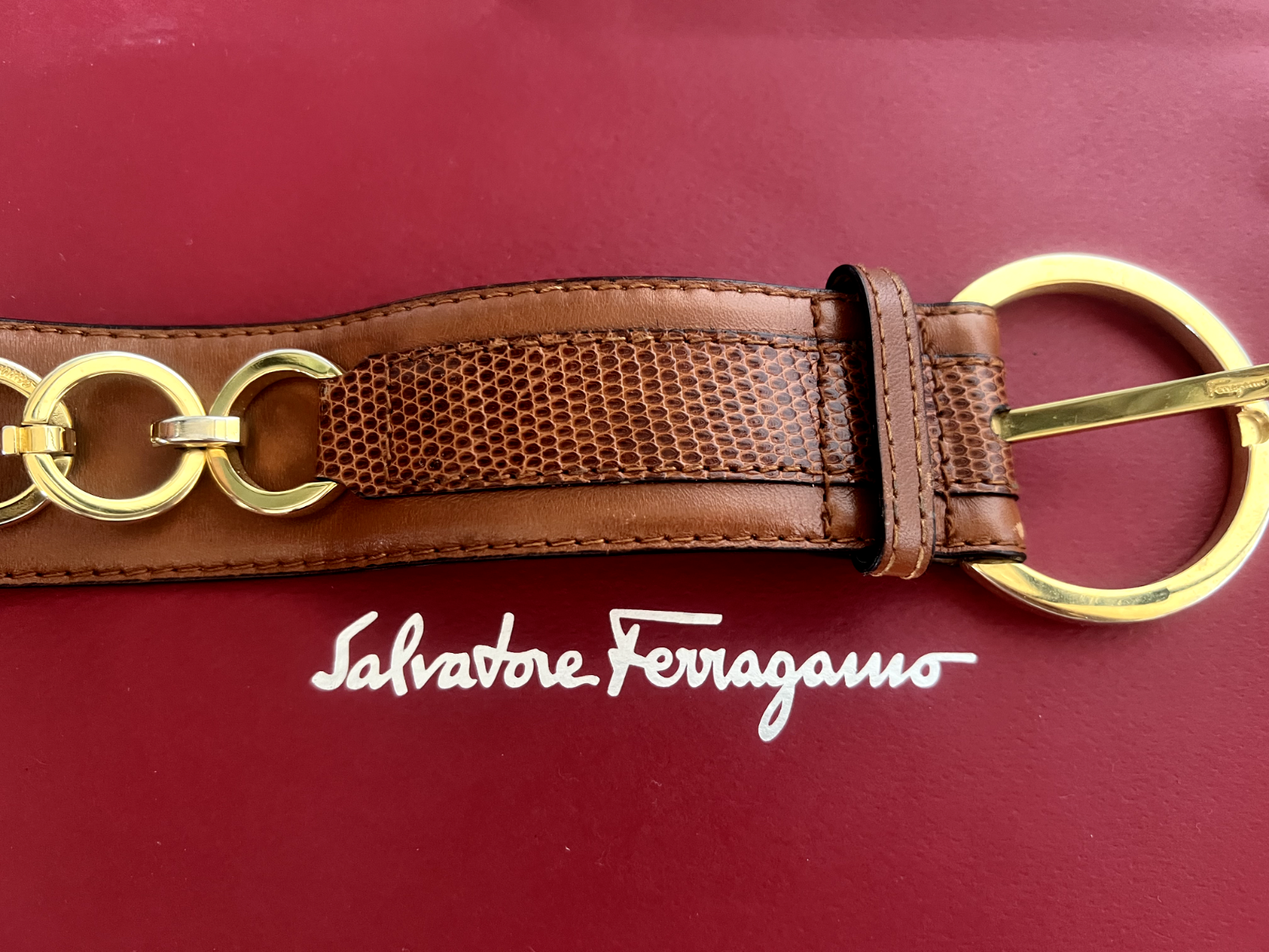 🔴 SALVATORE FERRAGAMO donna cinta cintura marrone ganci dorati con segni L 87