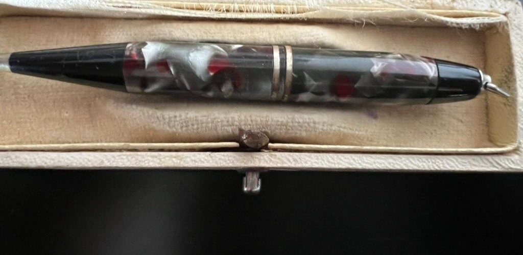 🔴 Vintage-Druckbleistift aus marmoriertem Zelluloid mit Haken. 