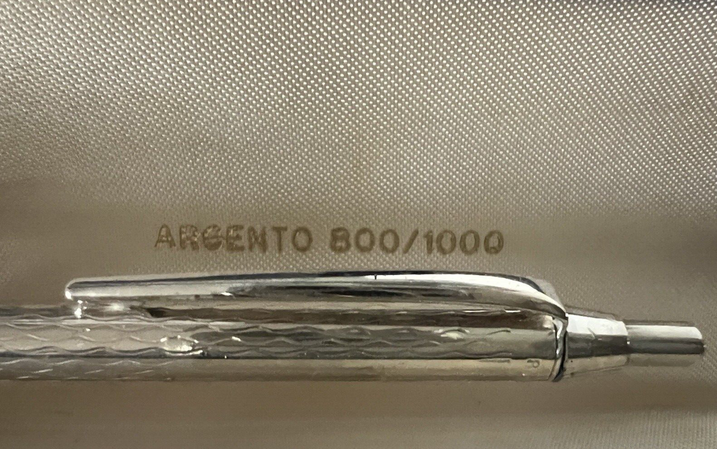 🔴 Penna sfera ARGENTO 835 massiccio corpo guillocchè pulsante antica 15