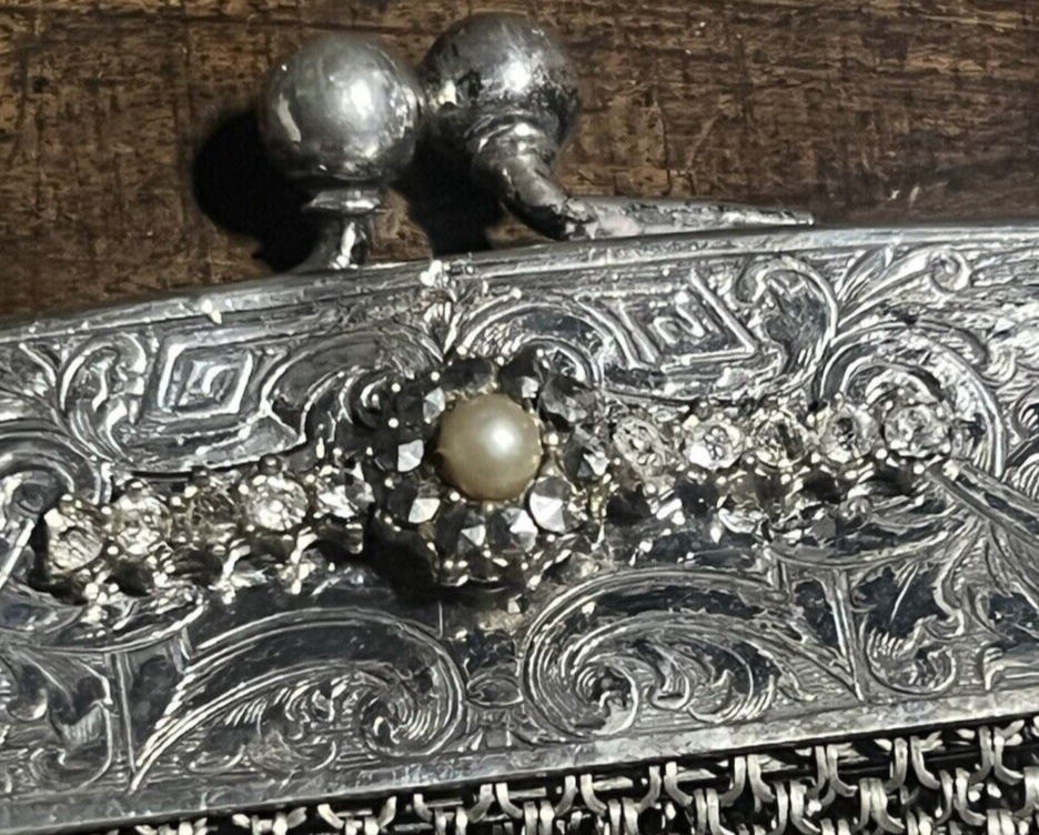 🔴 Borsa metallo filigrana fatta mano SILVER Germani con catena vintage art decò