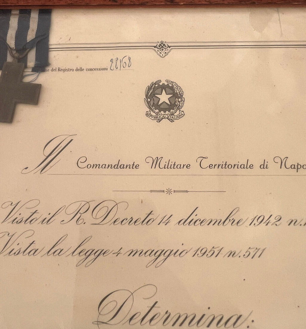 🔴 Attestato MERITO E CROCE guerra Italia Germania 1966 quadro timbri ORIGINALE