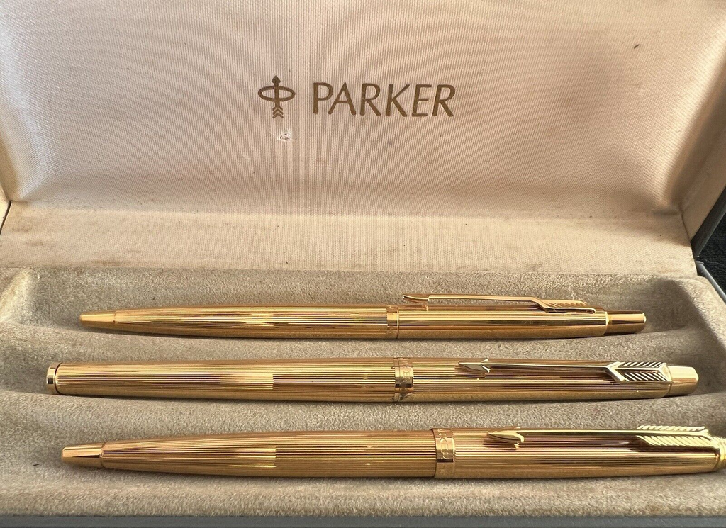 PARKER 180 Gold Plated Fountain Pen And 2 Ballpoint Pens Write