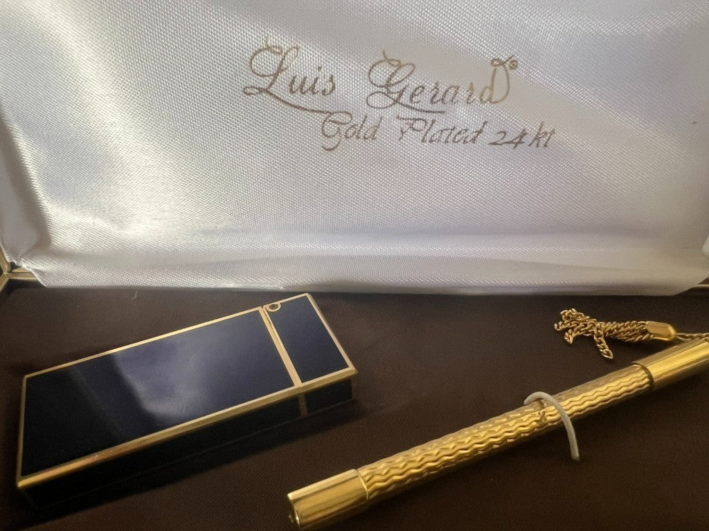 LUIS GERARD Encendedor LACCA AZUL Funciona Y Pluma Chapada EN ORO 24 KT