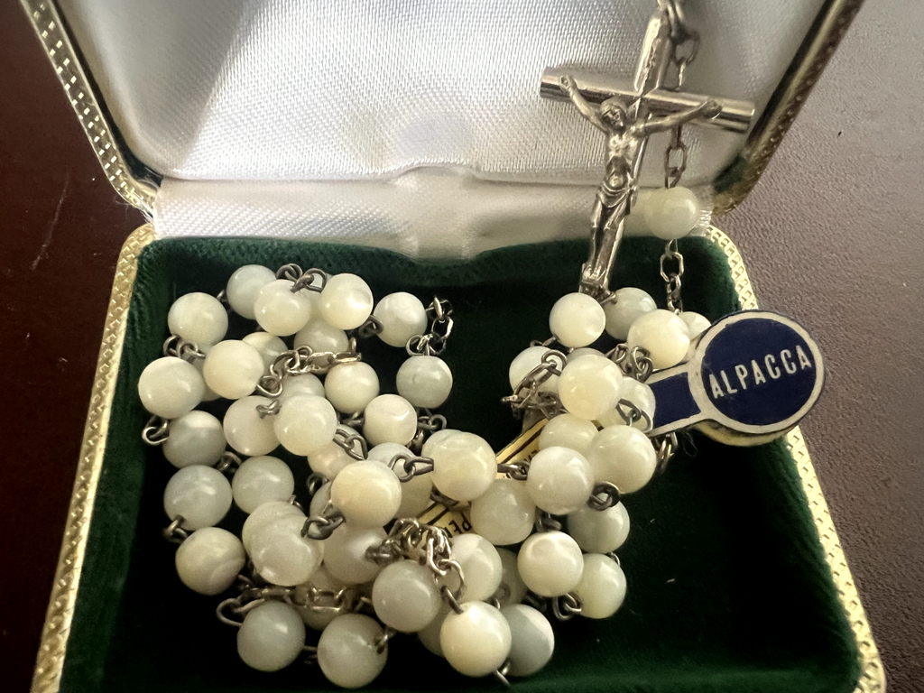 🔴 MADONNA DI POMPEII alpaca rosary necklace with mother-of-pearl effect case 