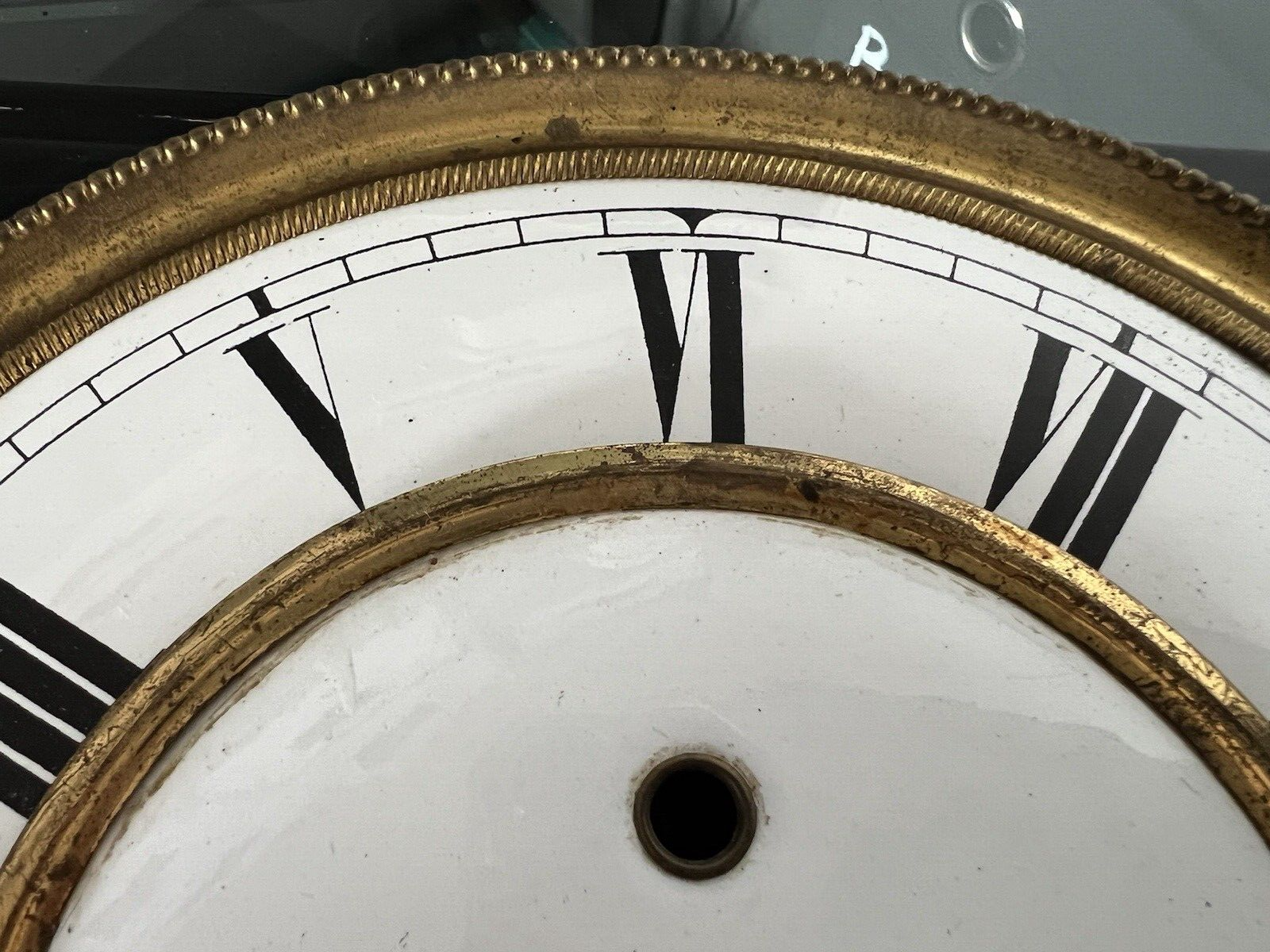 Cadran Horloge Pendule Mur Émaillé Bord Laiton 4 Trous Vintage