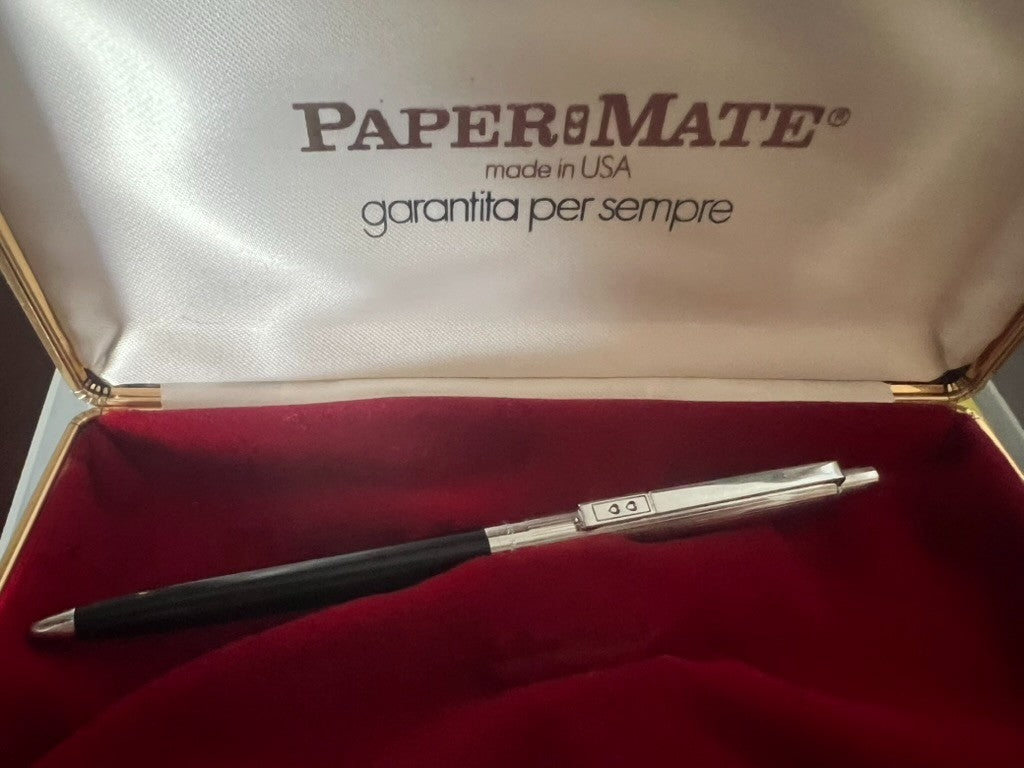🔴 PAPERMATE penna sfera nera cromata a scatto con astuccio vintage