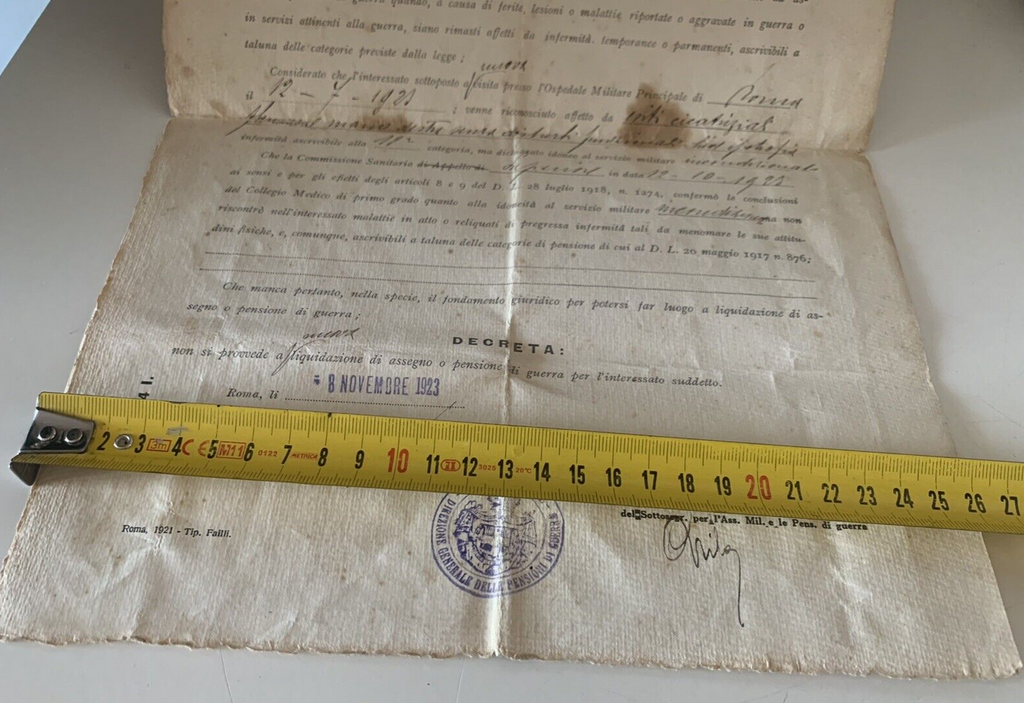 🔴 DECRETO negazione di assegno o pensione di guerra MINISTERO DEL TESORO 1923