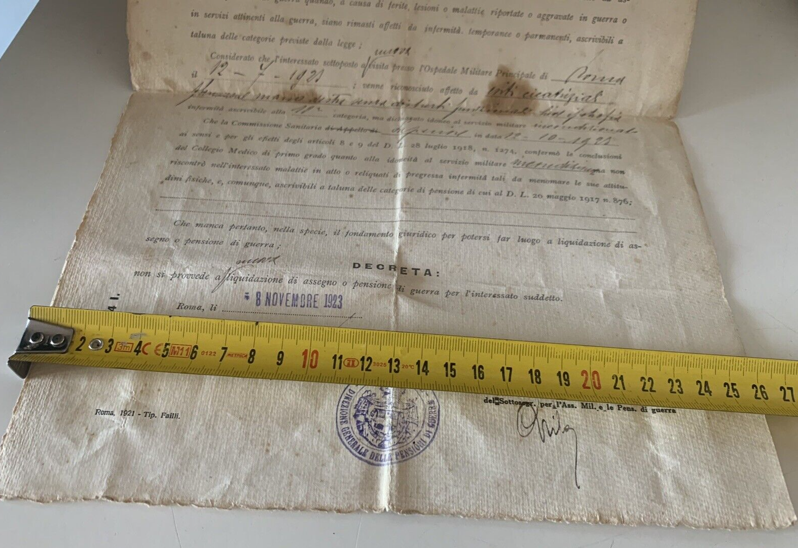 🔴 DECRETO negazione di assegno o pensione di guerra MINISTERO DEL TESORO 1923