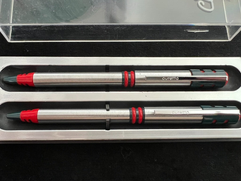 🔴 AURETTA Kugelschreiber von Aurora Club, verchromt, rot und blau, Vintage-Etui, 70 