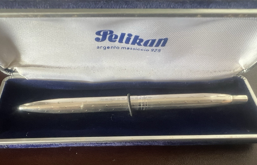 🔴 PELIKAN penne sfera ARGENTO 925 a righe pulsante a scatto scrive con astuccio
