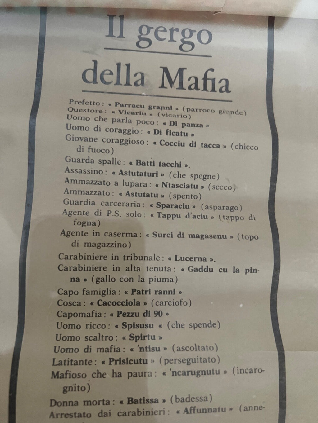 🔴 Vocabolario GERGO DELLA MAFIA attestato carta champagne L 30 h 41 cm vintage