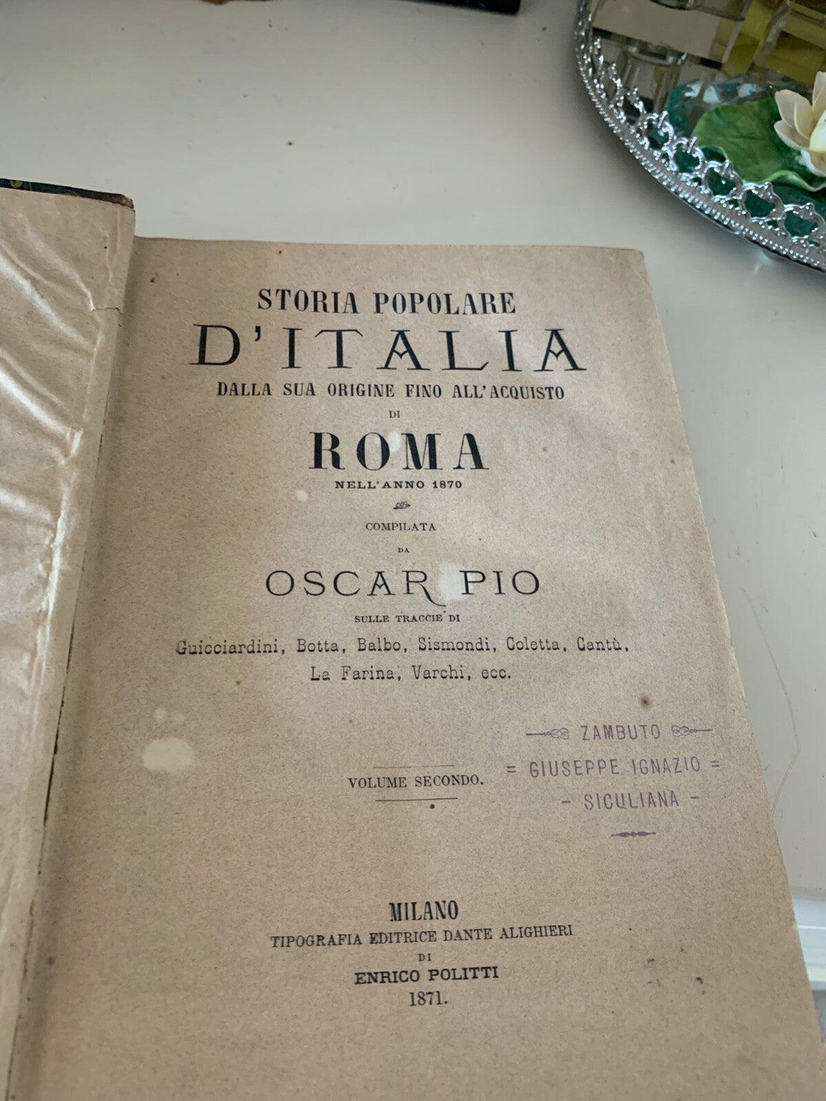Antique Livre Storia Populaire D'Italie Origines Jusqu'À Roma Oscar Pio 1871