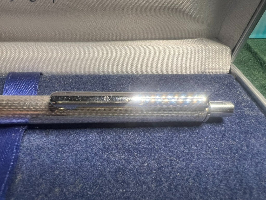 🔴 Penna sfera ARGENTO MASSICCIO 925 onde guillocchè meccanismo scatto scrive