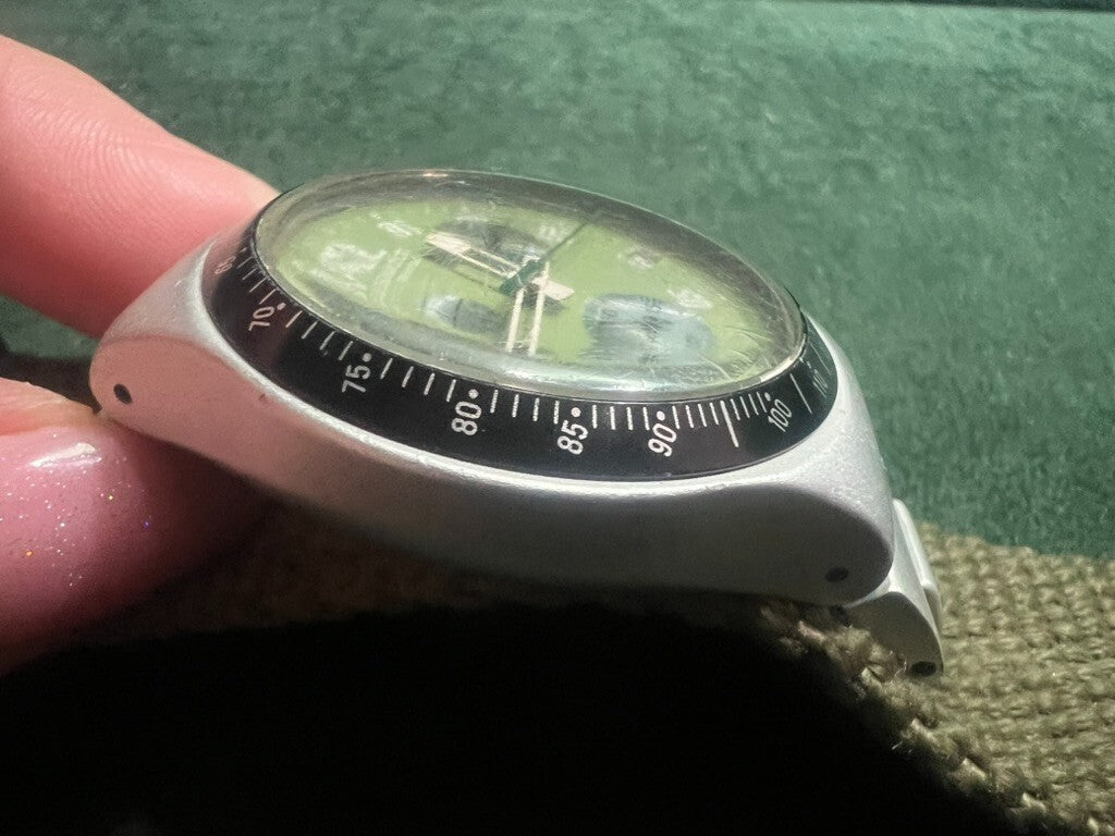 🔴 SWATCH orologio polso chrono CORAGGIOSO verde militare cinturino tessuto