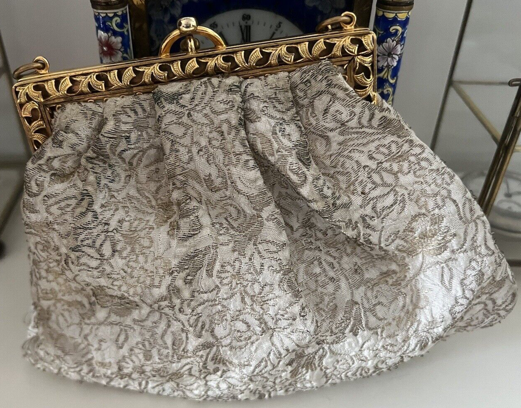 🔴 BORSA donna pochette fili DORATI bianca con ceselli e catena ART DECO'