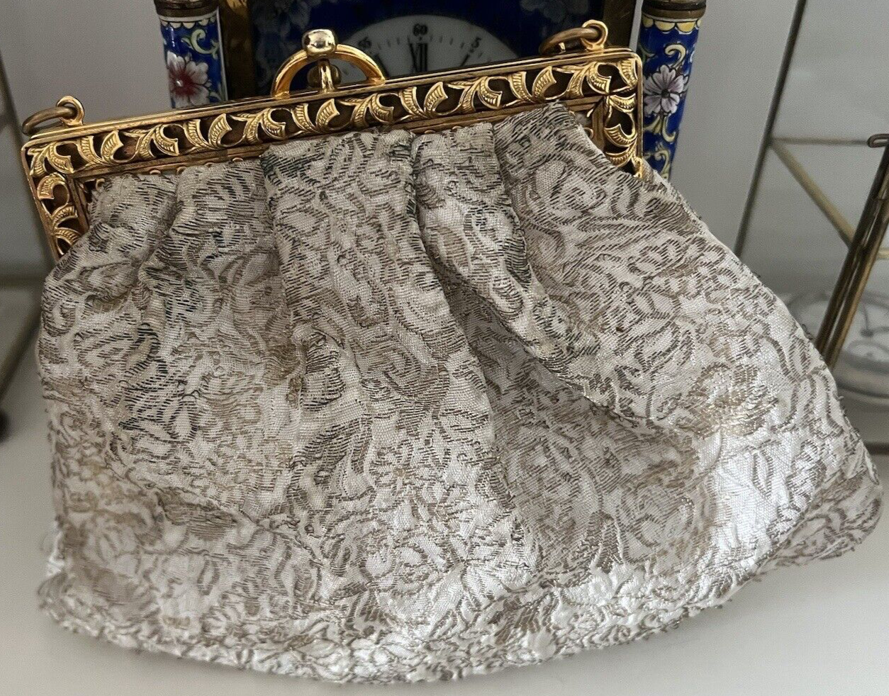 🔴 BORSA donna pochette fili DORATI bianca con ceselli e catena ART DECO'