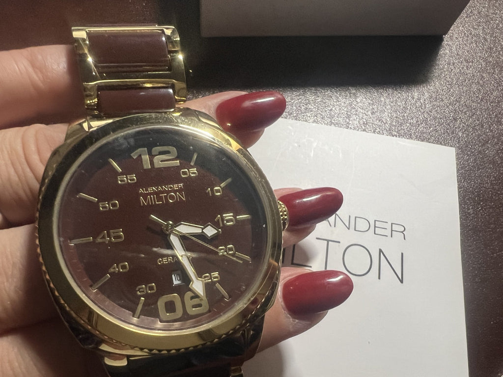 🔴 ALEXANDER MILTON orologio uomo placcato oro ceramica quarzo 3 ATM NOS