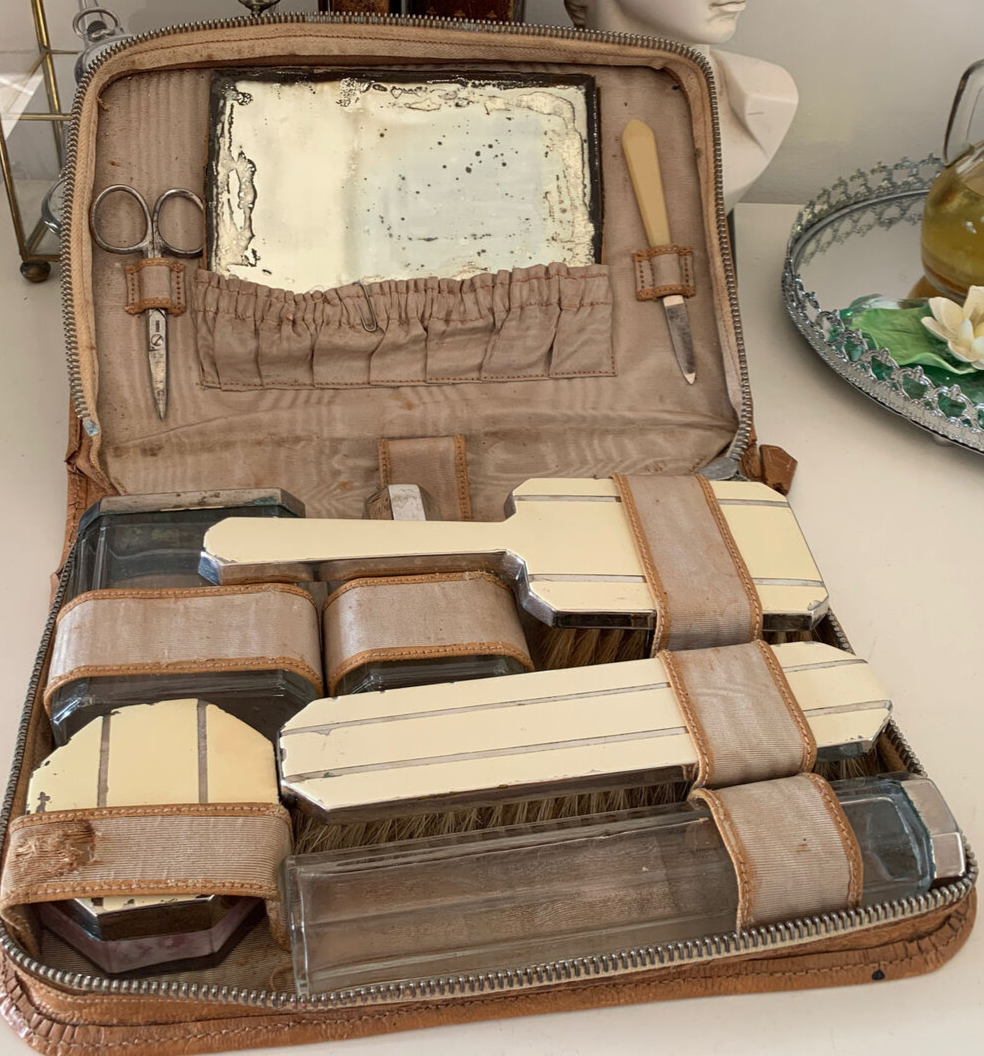 Set de Voyage Cuir Balais Mirror Bottles Verre Vintage 