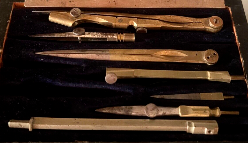 🔴 COMPASSO disegno tecnico OTTONE cerchio scatola legno naturale VINTAGE