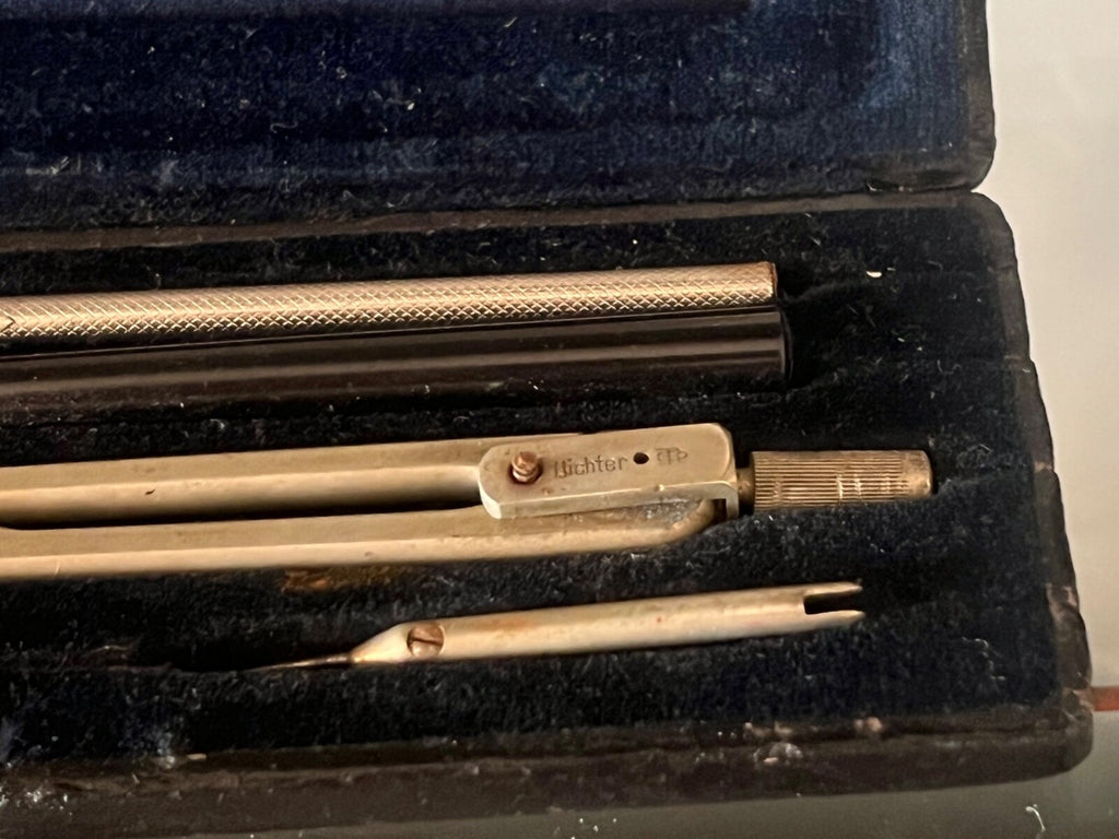 🔴 RICHTER Zirkel, technische Zeichenbox, Samt, Holz, Leder, komplett, VINTAGE 