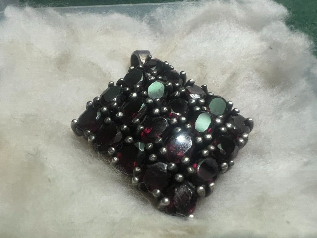 🔴 Ciondolo donna ARGENTO 925 grande rombo di granati naturali ovali vintage