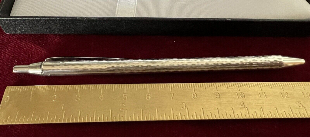 🔴 Penna sfera ARGENTO 835 massiccio corpo guillocchè pulsante antica 15