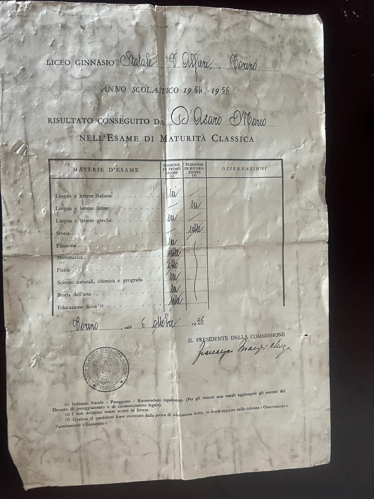 Diplôme Abiball Classique Italien Avec Timbre Tampon Torchon 6. Oktober 1955 