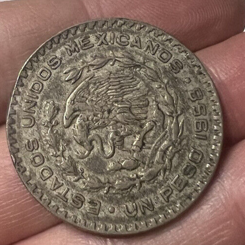 🔴 Moneta ARGENTO MESSICANA 1 peso del 1957 bordo inciso con patina originale