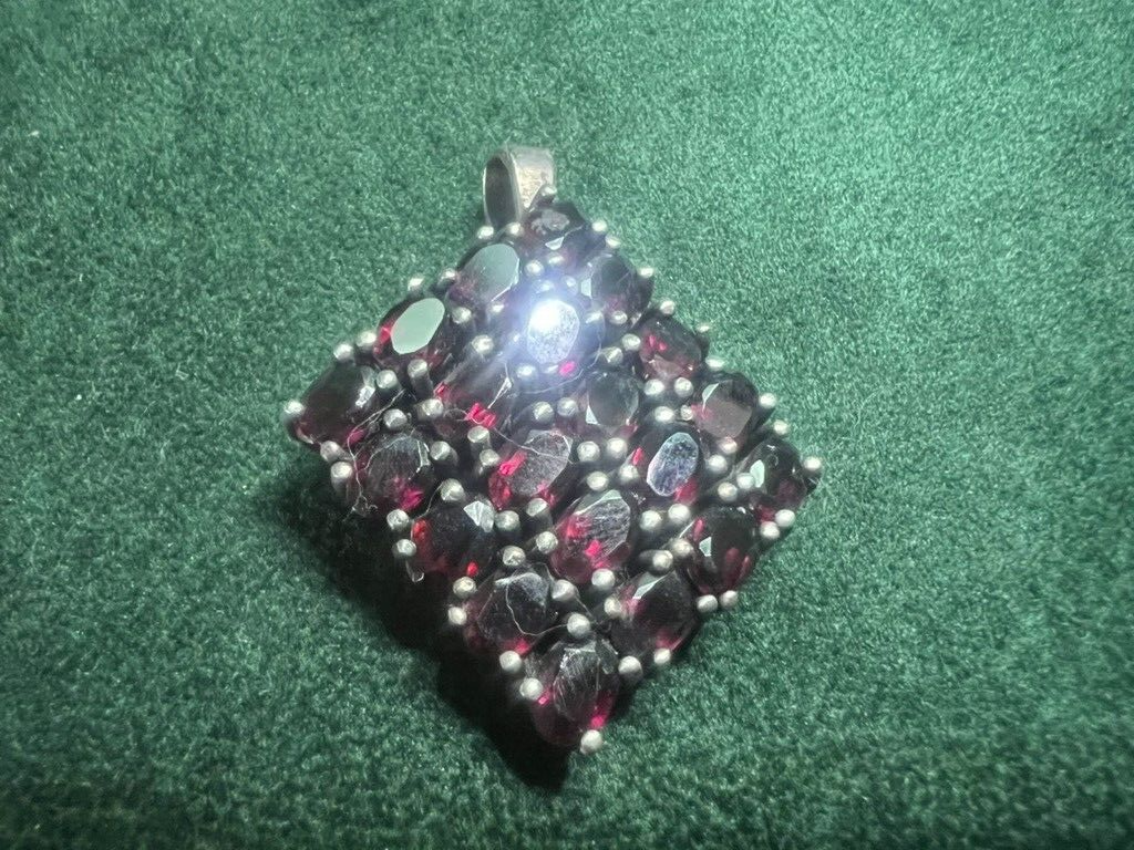 🔴 Ciondolo donna ARGENTO 925 grande rombo di granati naturali ovali vintage