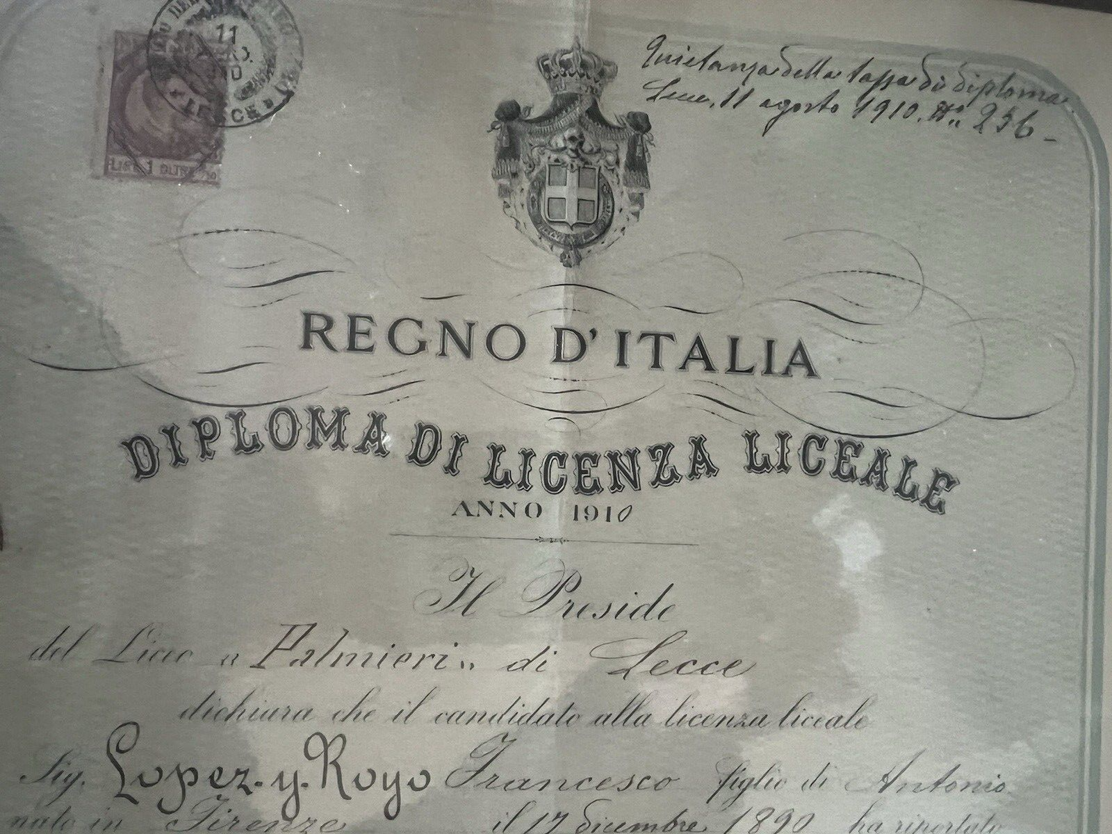 🔴 REGNO D'ITALIA diploma licenza LICEALE francobollo originale 17 AGOSTO 1910
